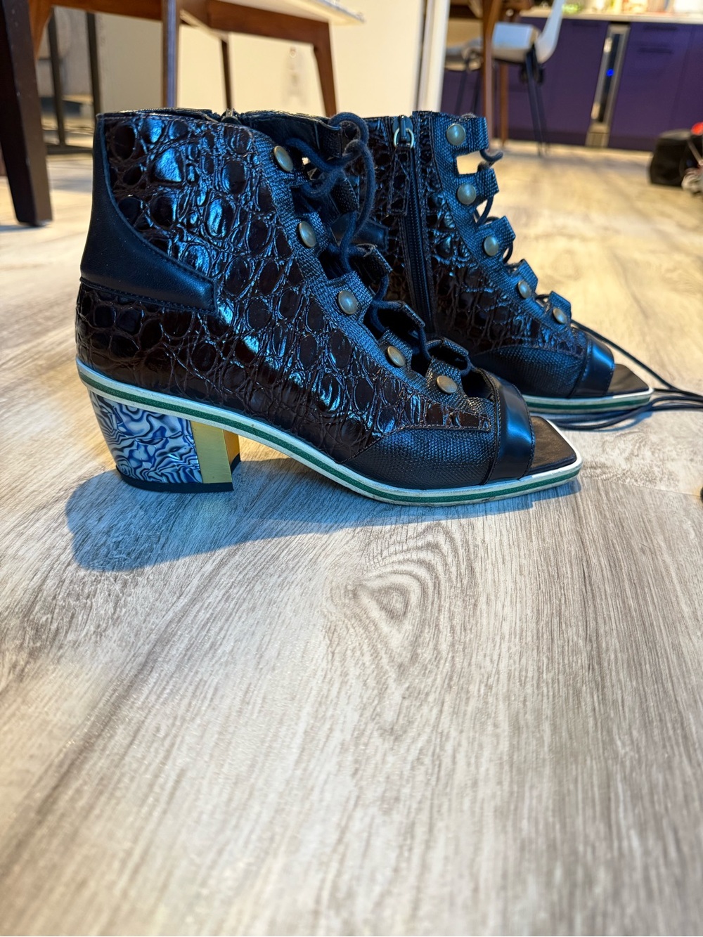 Rodarte Croc-Embossed Leather Lace-Up Peep Toe Booties Sz 37